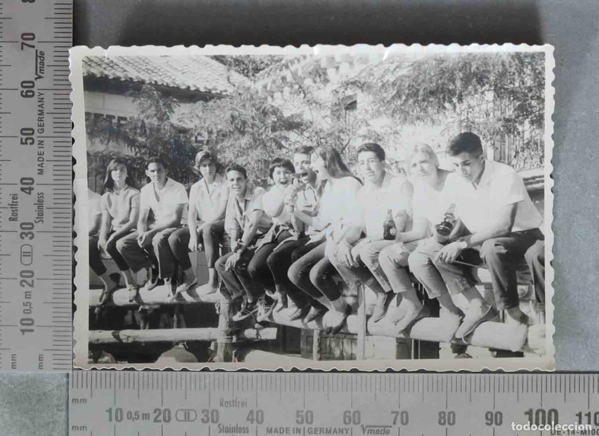 Fotograf&iacute;a antigua: FOTOGRAFIA. Grupo de j&oacute;venes sentados en una barandilla de madera con cervezas aguila