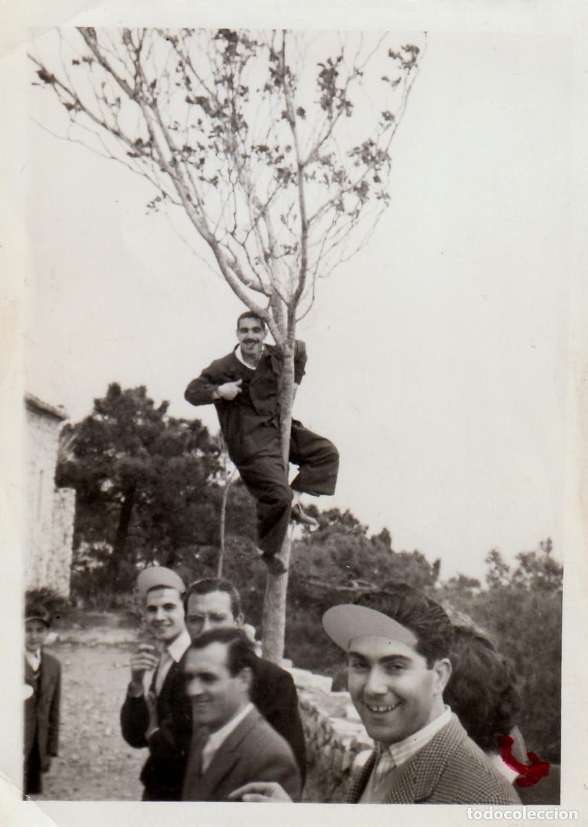 Alte Fotografie: Chicos riendo mientras otro se sube a un &aacute;rbol con mono de mec&aacute;nico. A&ntilde;os 50 sv