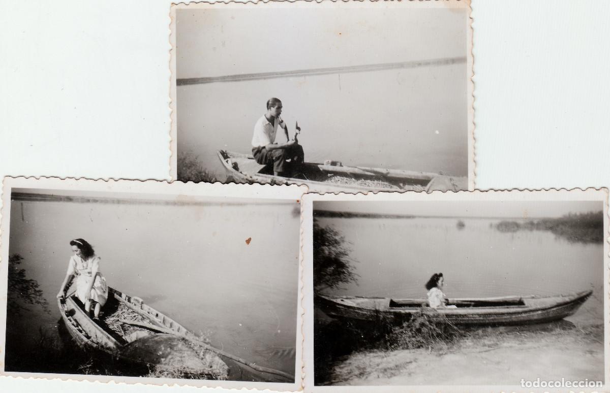 Fotograf&iacute;a antigua: Tres fotos. Chica y chico en barca por la Albufera, Val&egrave;ncia. A&ntilde;os 40-50 sv