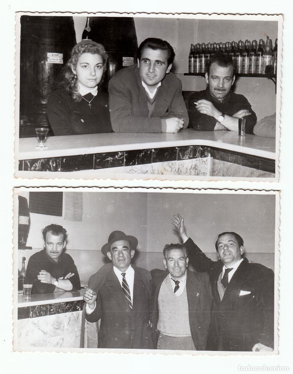 Fotografia antica: 2 fotos. En el mostrador de la bodega. Toneles de vino. A&ntilde;os 50 sv