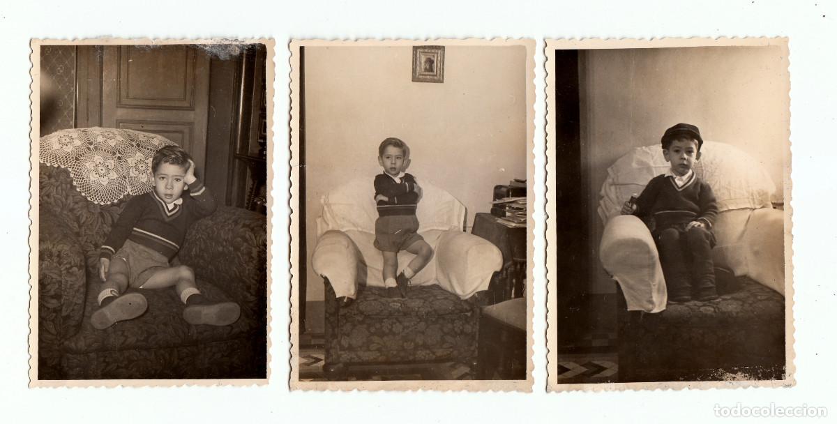 Fotograf&iacute;a antigua: Tres fotos. Ni&ntilde;o formalito en un sill&oacute;n. A&ntilde;os 50-60 g aa