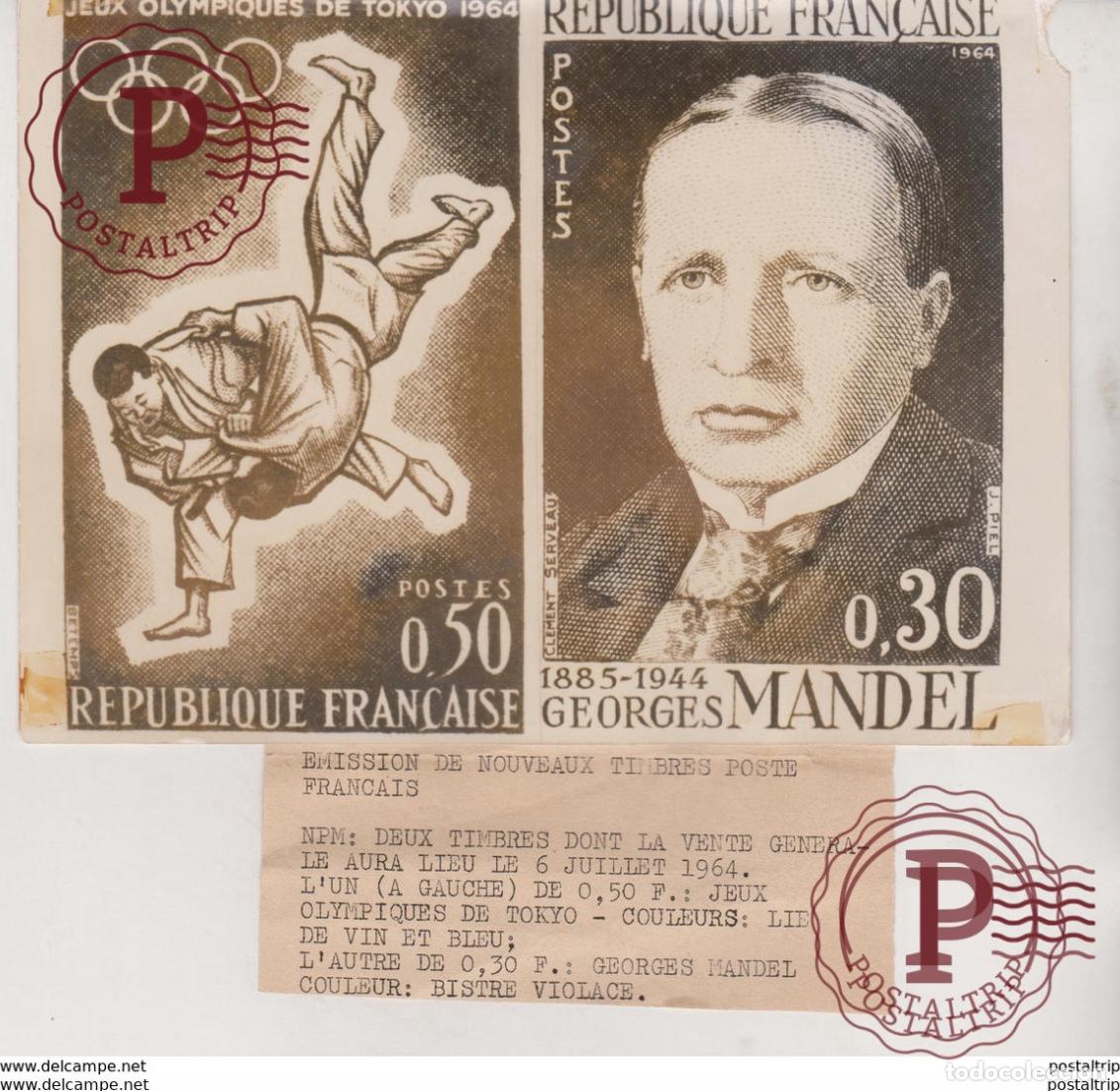 Fotograf&iacute;a antigua: EMISSION DE NOUVEAUX TIMBRES POSTE FRANCAIS JEUX OLYMPIQUES DE TOKYO GEORGES MANDEL SEE RIGHT CO
