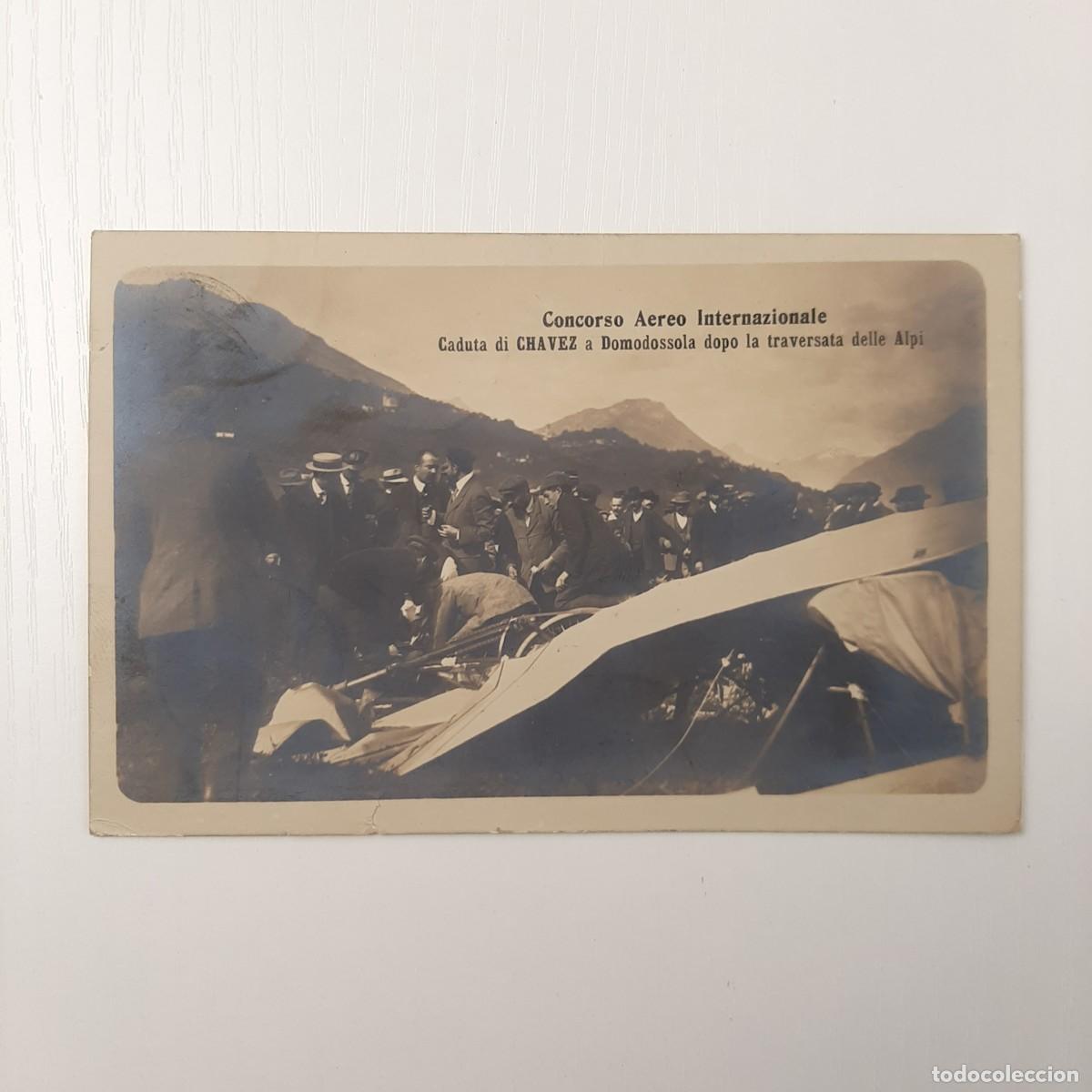 Fotograf&iacute;a antigua: Foto cartolina su cartoncino Concorso Aereo Internazionale Caduta di Chavez a Domodossola 1910