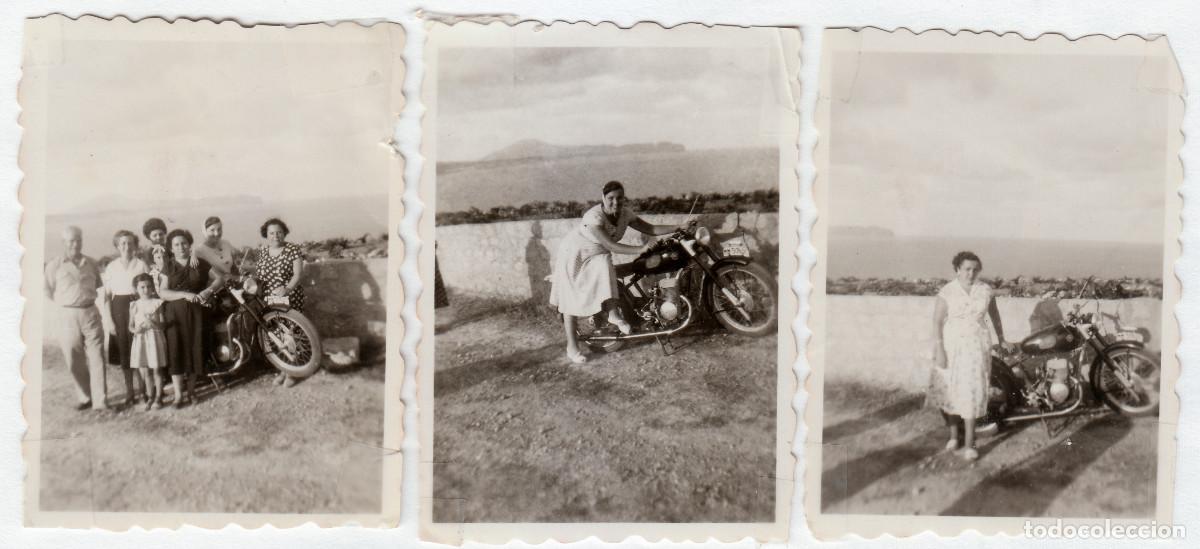 Fotograf&iacute;a antigua: Lote 3 fotos. Chica ense&ntilde;ando su moto. Vistas del Pe&ntilde;&oacute;n de Ifach, Alicante. A&ntilde;os 50 g aa