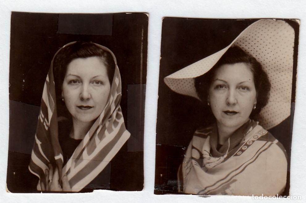 Fotograf&iacute;a antigua: Fotomat&oacute;n. Lote 2 fotos. Mujer con dos tocados diferentes. A&ntilde;os 40 g aa