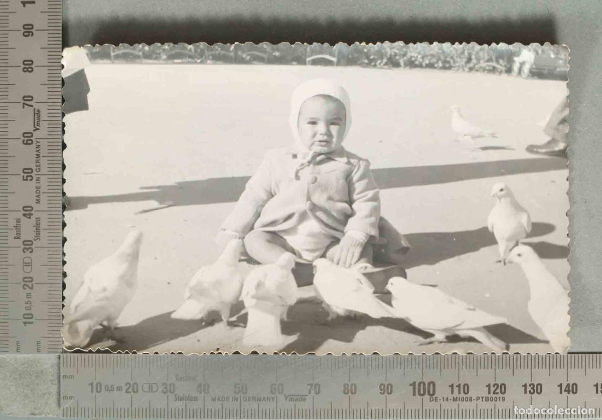 Fotograf&iacute;a antigua: FOTOGRAFIA. Ni&ntilde;o sentado en el suelo rodeado de palomas hacia 1940