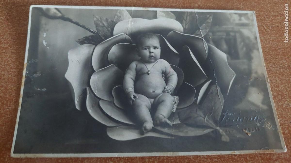 Fotograf&iacute;a antigua: Foto postal Ni&ntilde;o en p&eacute;talo Soriano Caba&ntilde;al