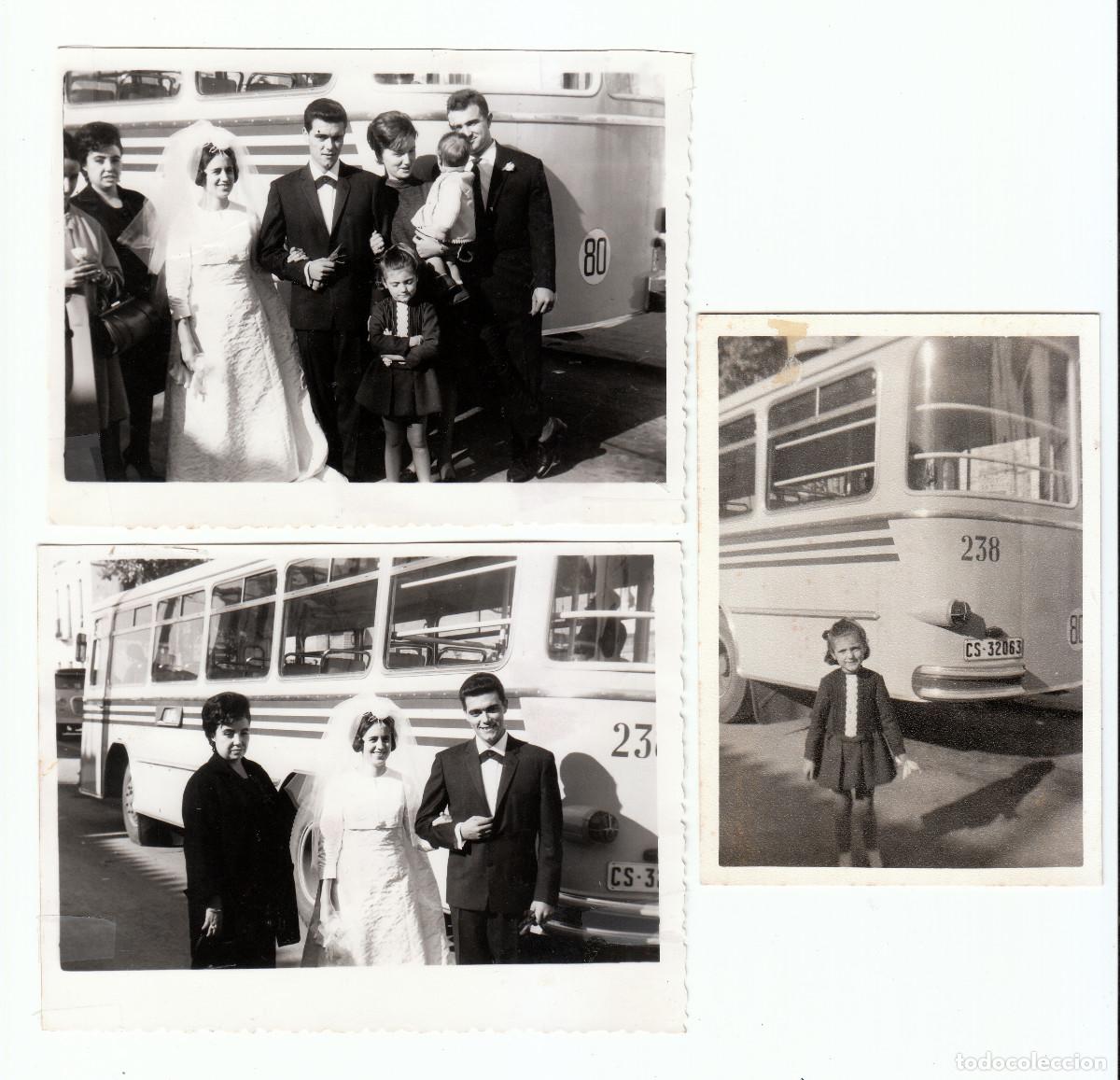 Fotograf&iacute;a antigua: 3 fotos. Autob&uacute;s. Autocar antiguo con matr&iacute;cula de Castell&oacute;n. Boda. Novios. A&ntilde;os 60 g aa