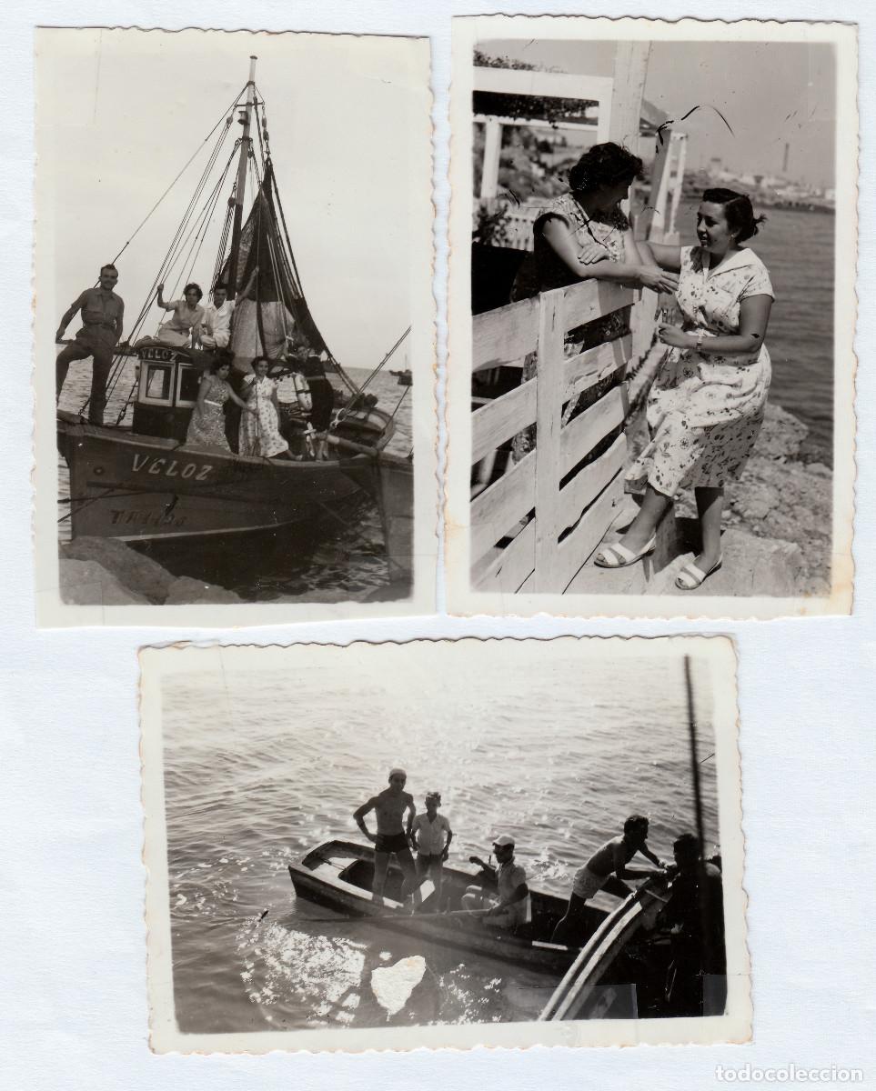 Fotograf&iacute;a antigua: Tres fotos. Playa, puerto, barca de pesca. San Carlos de la R&aacute;pita, Tarragona. A&ntilde;os 50 g aa