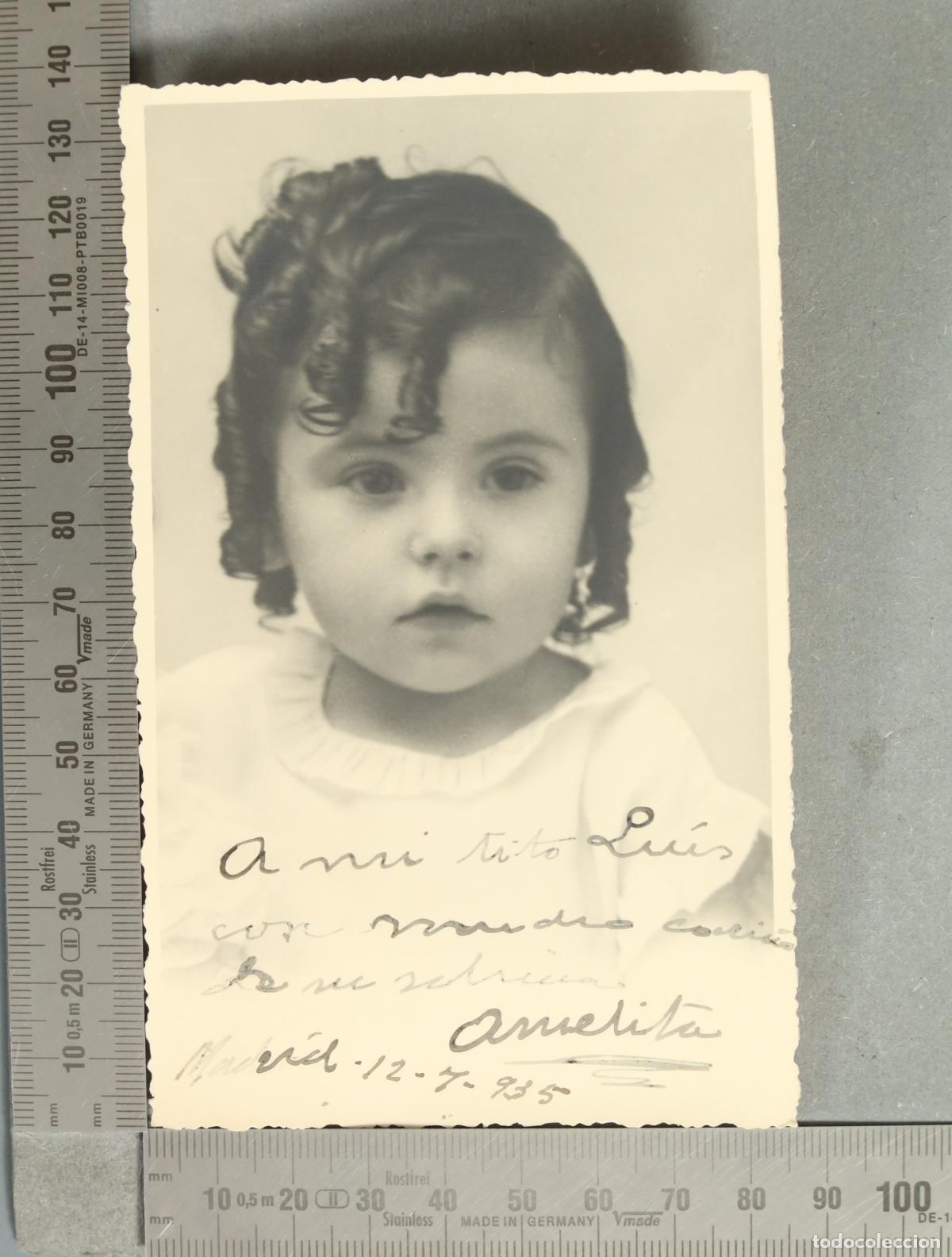 Photographie ancienne: FOTOGRAFIA. RETRATO Amelita - Madrid - Retrato ni&ntilde;a con dedicatoria manuscrita 1935