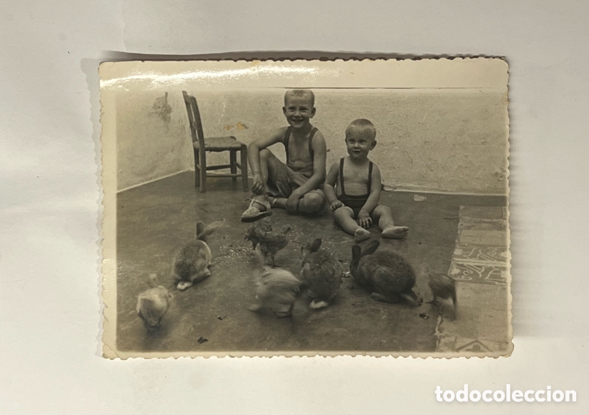 Fotograf&iacute;a antigua: PATERNA, Valencia. To&ntilde;in y Quini en el patio de casa jugando con los Conejos. Verano de 1950
