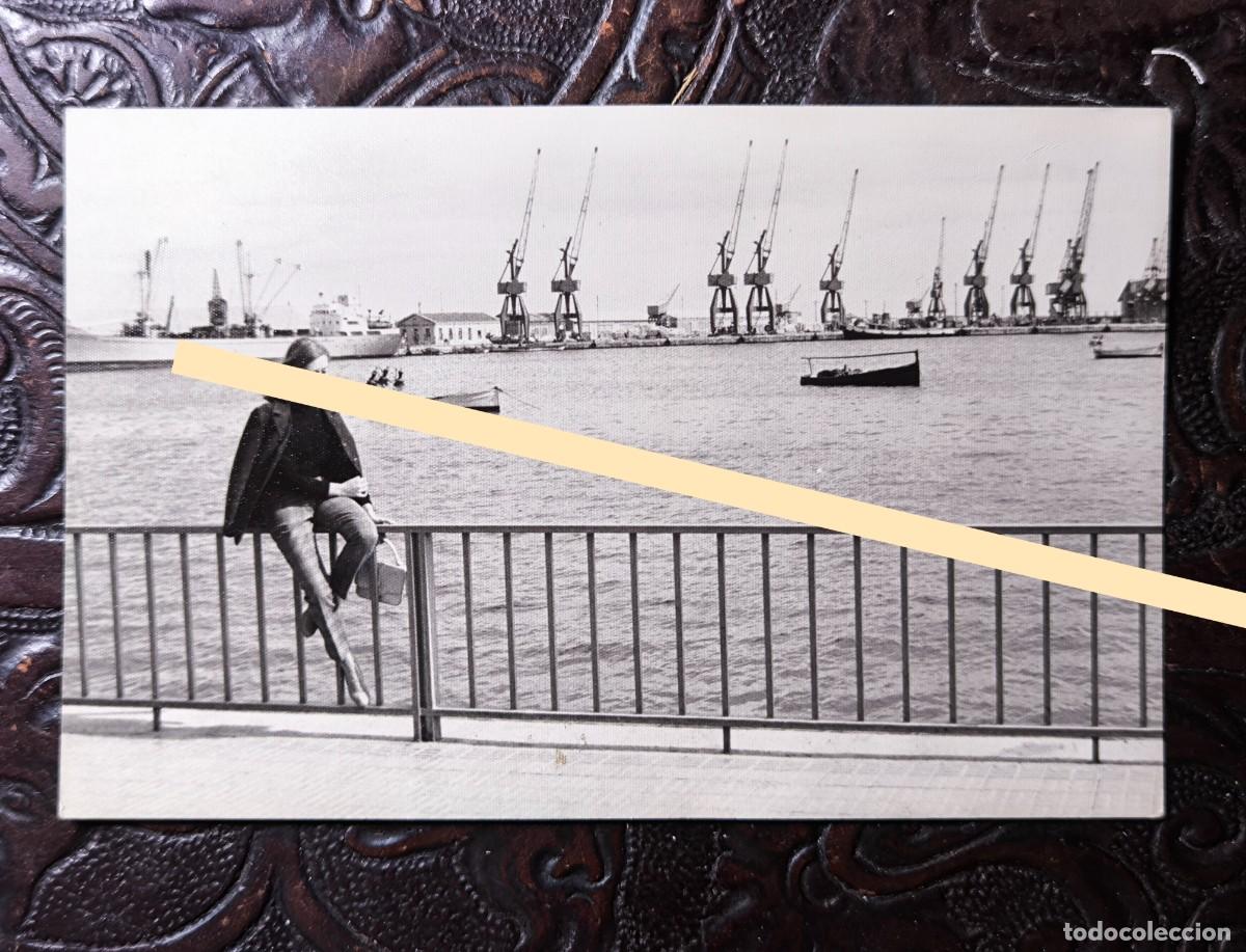 Fotograf&iacute;a antigua: Antigua fotograf&iacute;a Chica junto al puerto de Alicante con gr&uacute;as y embarcaciones al fondo A&ntilde;os 60