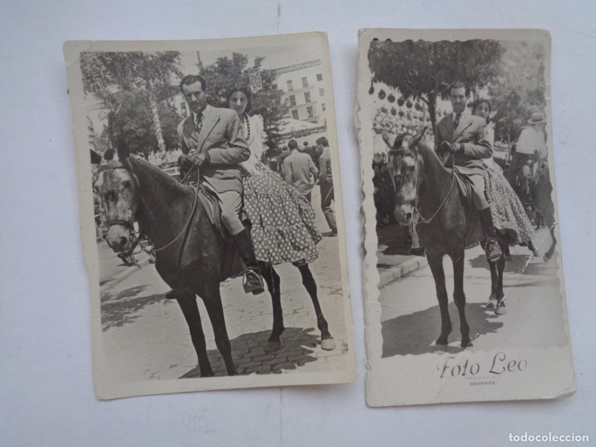 Fotograf&iacute;a antigua: LOTE DE 2 MINUTEROS DE FERIA ( DE LEO , GRANADA ): CHICA VESTIDA DE FLAMENCA CON JINETE A CABALLO