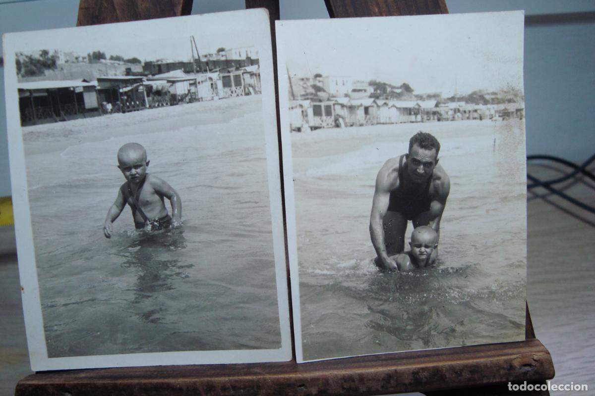 Fotograf&iacute;a antigua: 2 ANTIGUAS FOTOGRAFIAS. SE&Ntilde;OR Y NI&Ntilde;O EN LA PLAYA TARRAGONA A&Ntilde;OS 30