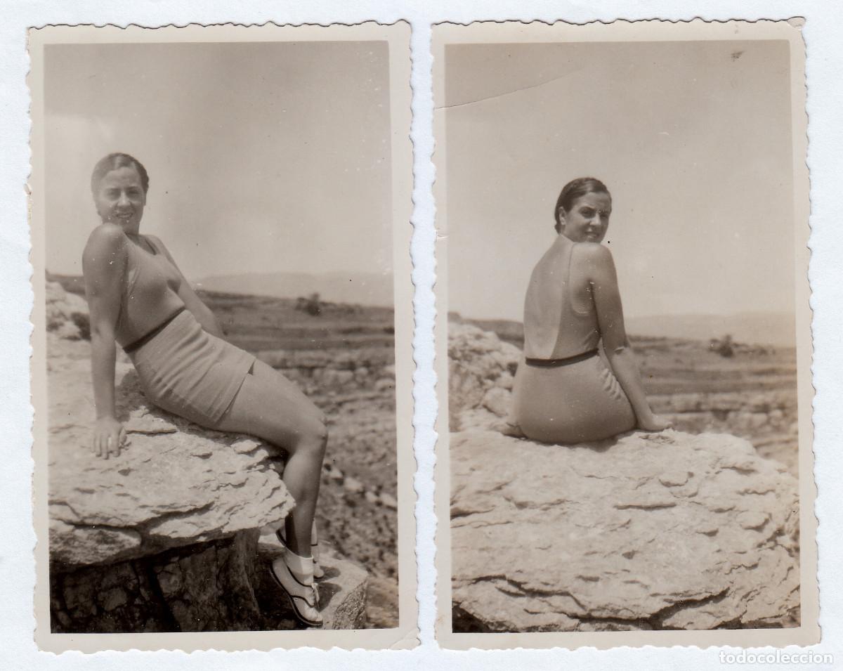 Fotograf&iacute;a antigua: 2 bonitas fotos. Moderna chica luciendo en ba&ntilde;ador. Benasal, Castell&oacute;n. A&ntilde;o 1934 bm