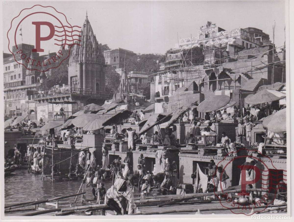 Antique Photography: ASIA. INDIA. INDE. BENARES BATHING AT THE GHATS BENARES PHOTO FOTO. 21X16CM