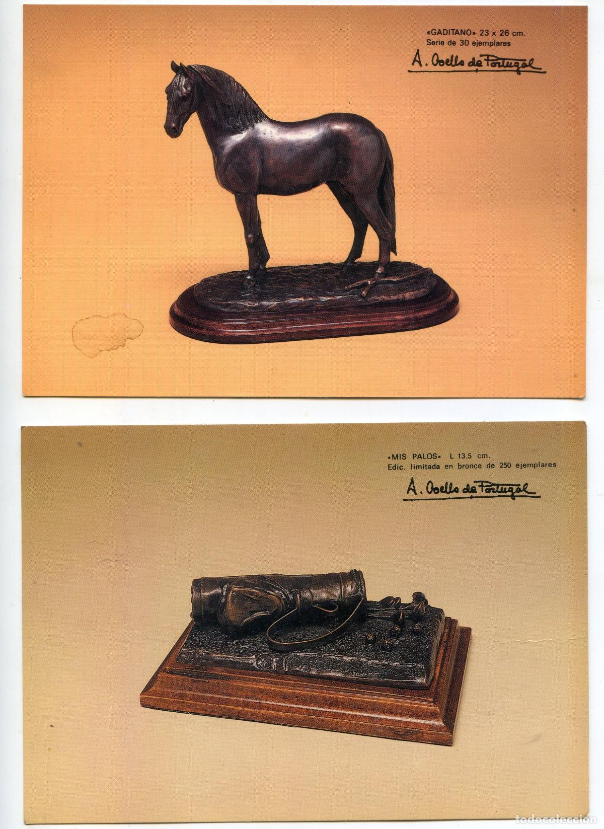 Fotograf&iacute;a antigua: Escultor Antonio Coello de Portugal Dos fotos de esculturas de caballo y palos de golf y descripci&oacute;n