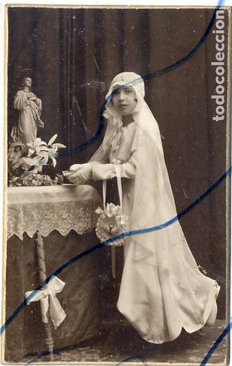 Antique Photography: FOTO NOVOA -SEVILLA 1930 RETRATO NI&Ntilde;A , Edelmira, COMUNION TAMA&Ntilde;O POSTAL CON REVERSO