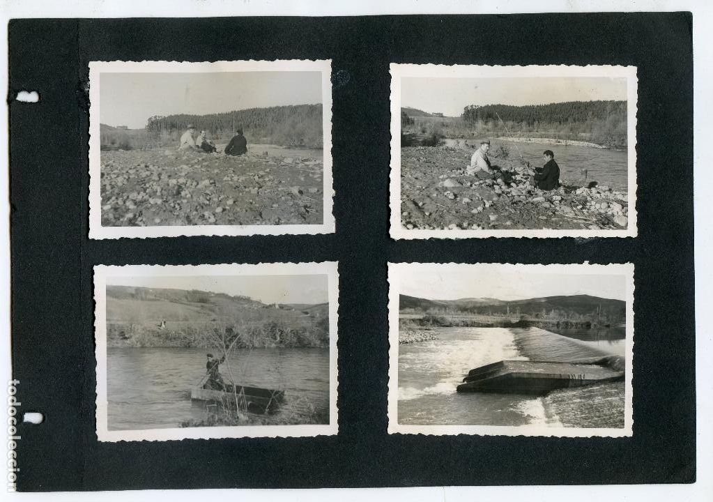 Alte Fotografie: Cuatro fotos de pescadores de ca&ntilde;a en r&iacute;o, Cantabria a&ntilde;os 40, pesca, en antigua hoja de &aacute;lbum