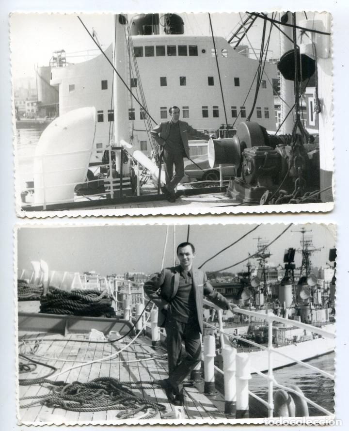 Fotografia antiga: En la cubierta de un barco mercante en el puerto de Santander, dos fotograf&iacute;as Valca de 13,3x8,3 cm