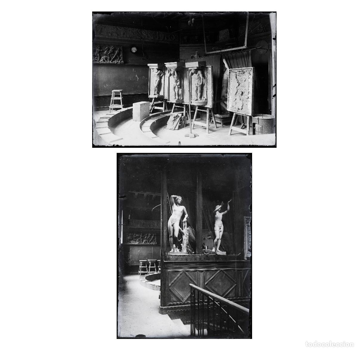 Fotograf&iacute;a antigua: Estudio de escultor con bajorelieves, por identificar, 1915's. 2 cristales negativos 13x18cm.
