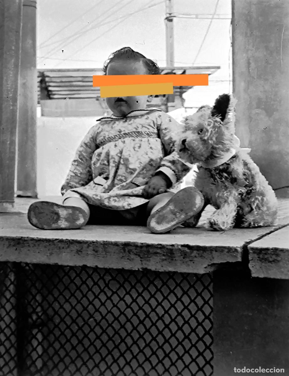 Photographie ancienne: Antiguo negativo de fotograf&iacute;a. Ni&ntilde;o con peluche.