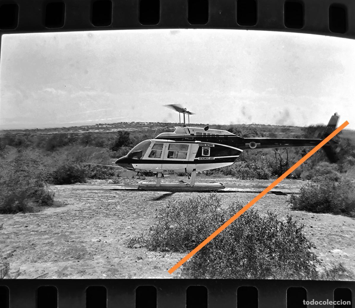 Antique Photography: Antiguo negativo o clich&eacute; de fotograf&iacute;a. Helic&oacute;ptero. A&ntilde;os 70