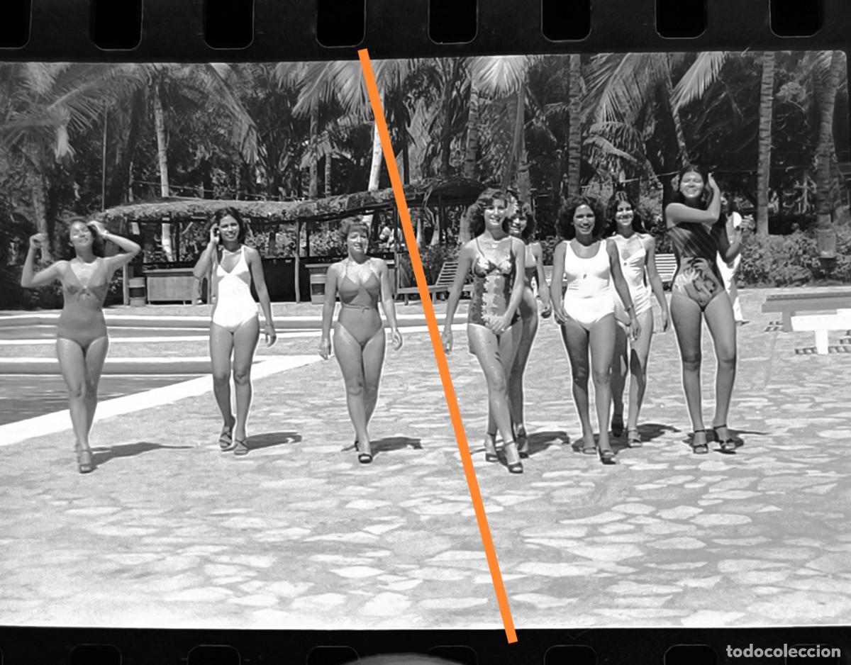 Fotograf&iacute;a antigua: Antiguo negativo de fotograf&iacute;a. Chica, chicas posando en ba&ntilde;ador. A&ntilde;os 70.