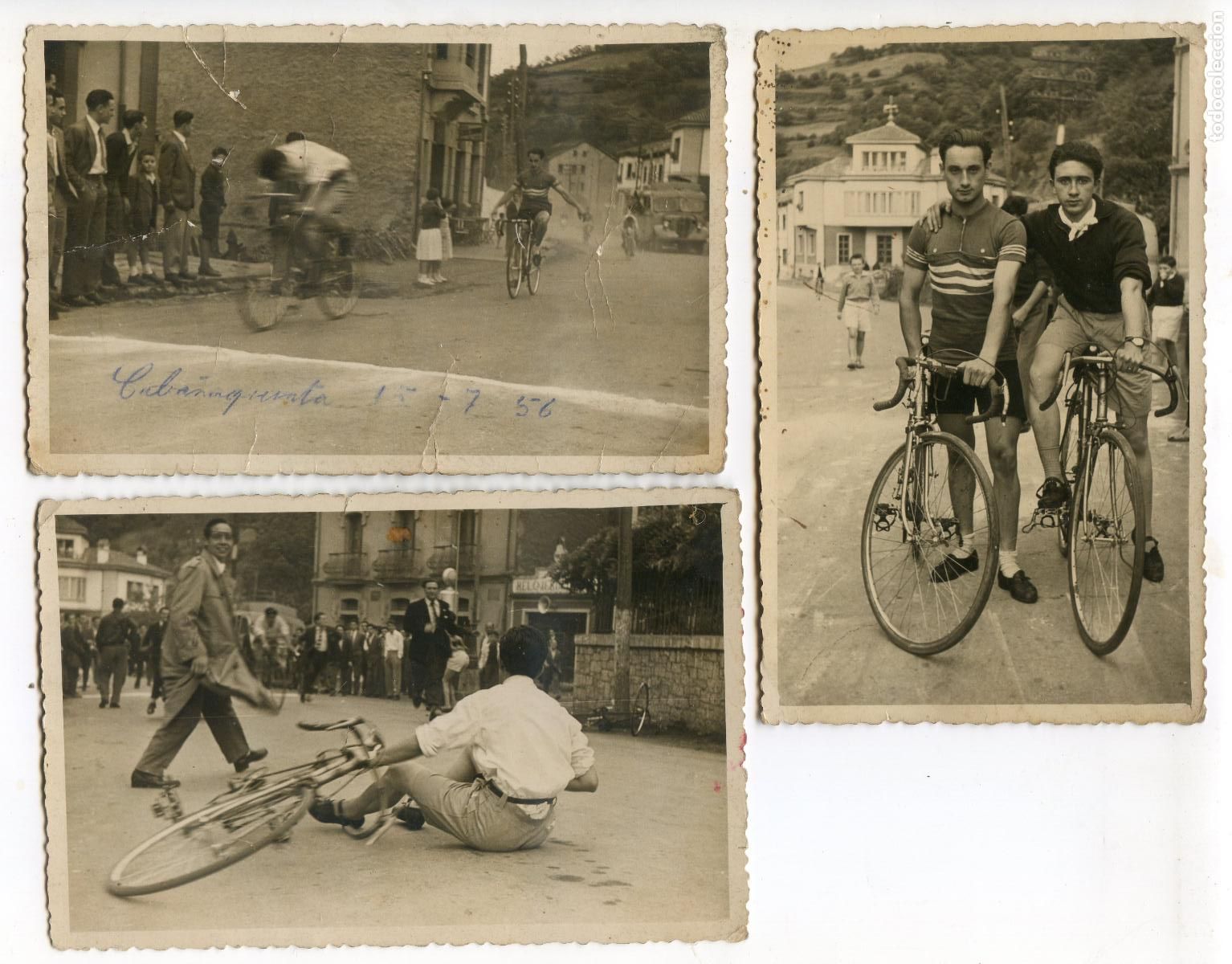 Alte Fotografie: Caba&ntilde;aquinta, Concejo de Aller, Asturias, carrera ciclista 1956, lote tres fotos 8,8x14 cm
