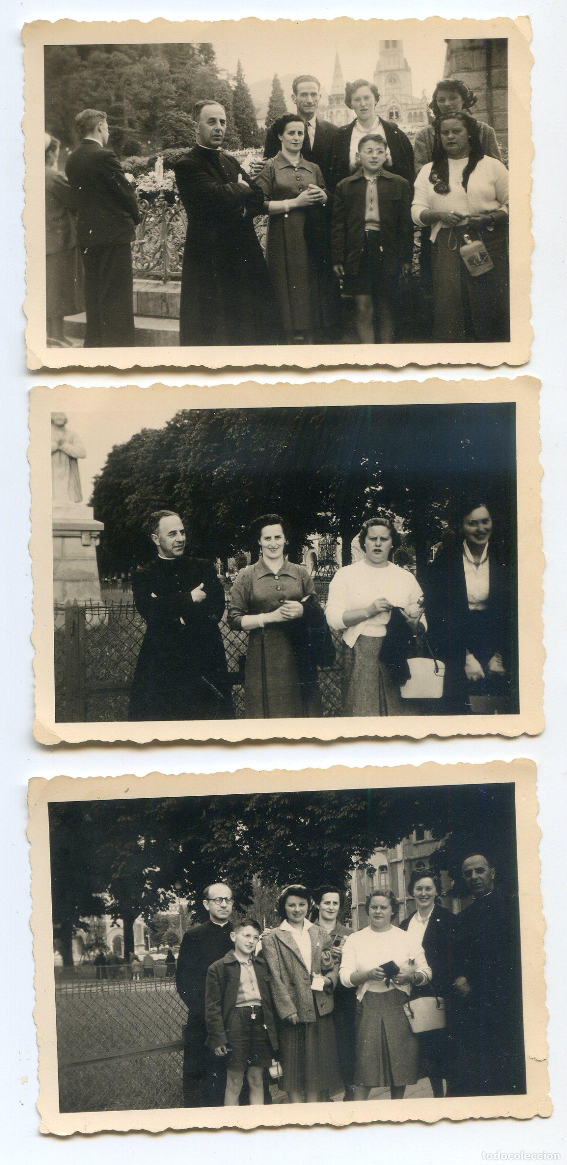 Alte Fotografie: Grupo de peregrinos espa&ntilde;oles en Lourdes, circa 1950, lote tres fotos