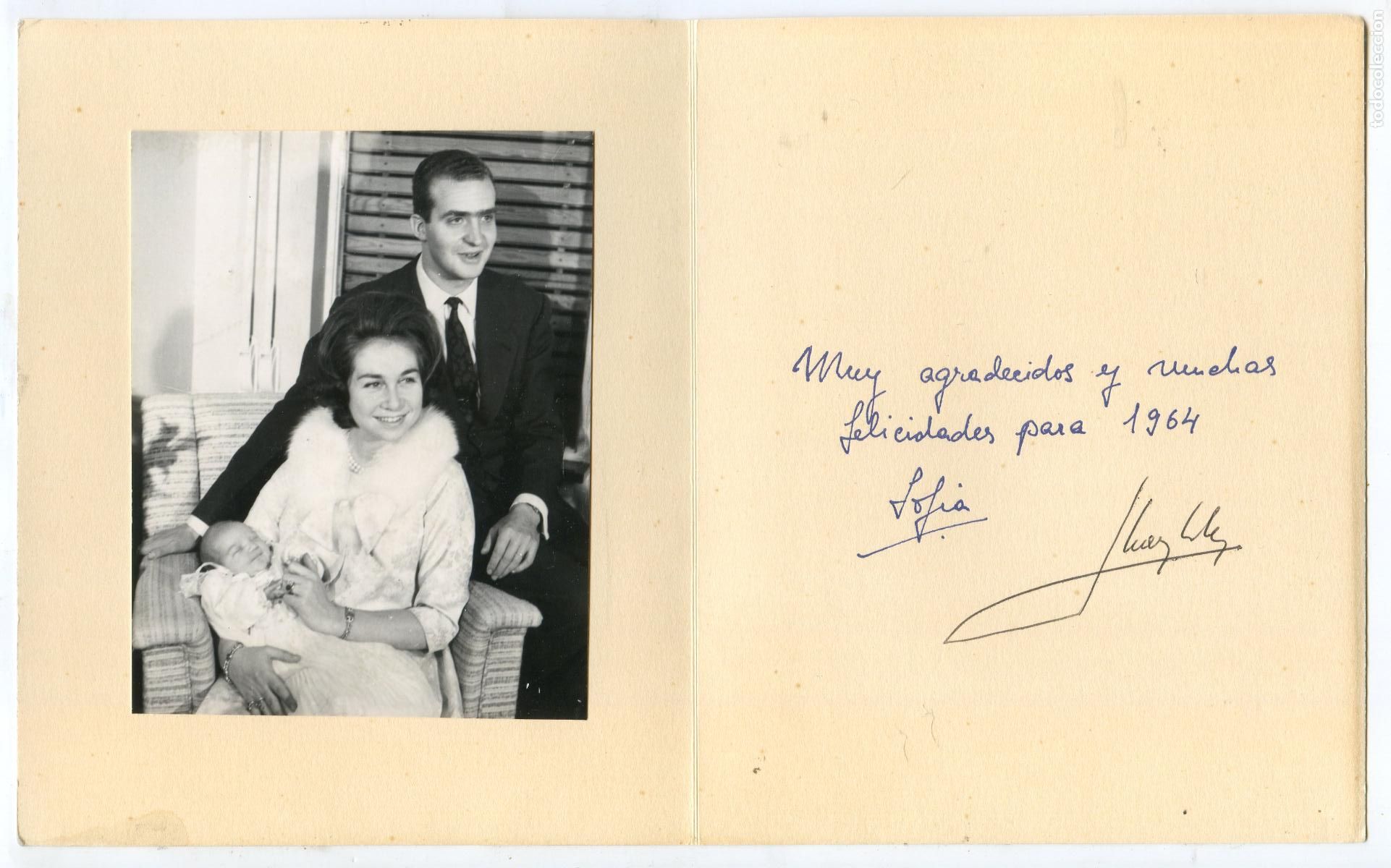 Fotograf&iacute;a antigua: Felicitaci&oacute;n de Navidad 1964 con fotograf&iacute;a pr&iacute;ncipes Juan Carlos de Borb&oacute;n y Sof&iacute;a e infanta Elena
