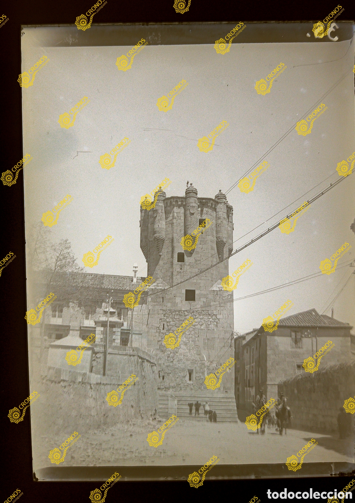 Fotograf&iacute;a antigua: Placa cristal negativo gelatino Bromuro Salamanca Torre del Clavero sobre el1900