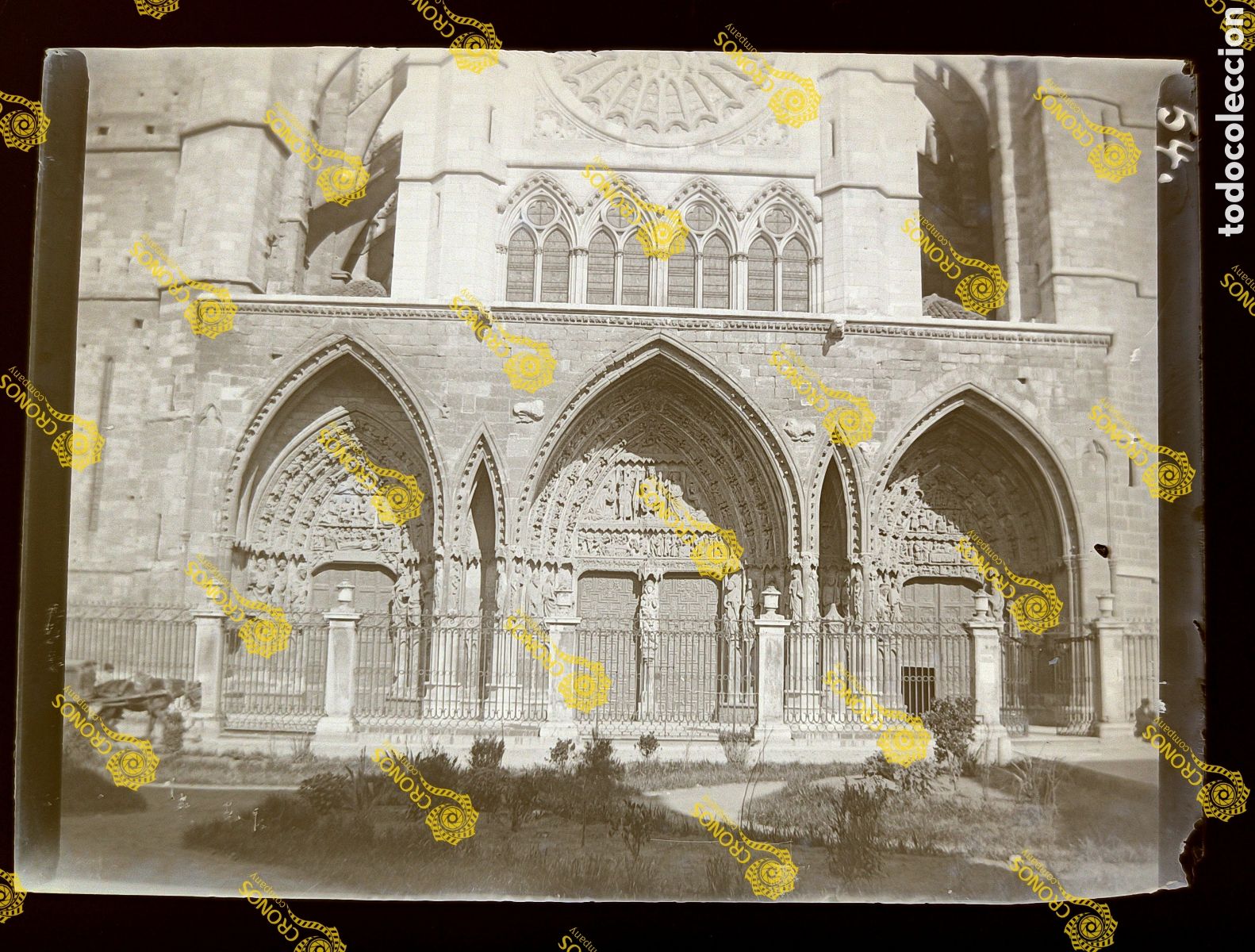 Fotograf&iacute;a antigua: Placa cristal en negativo Le&oacute;n Catedral sobre el 1900