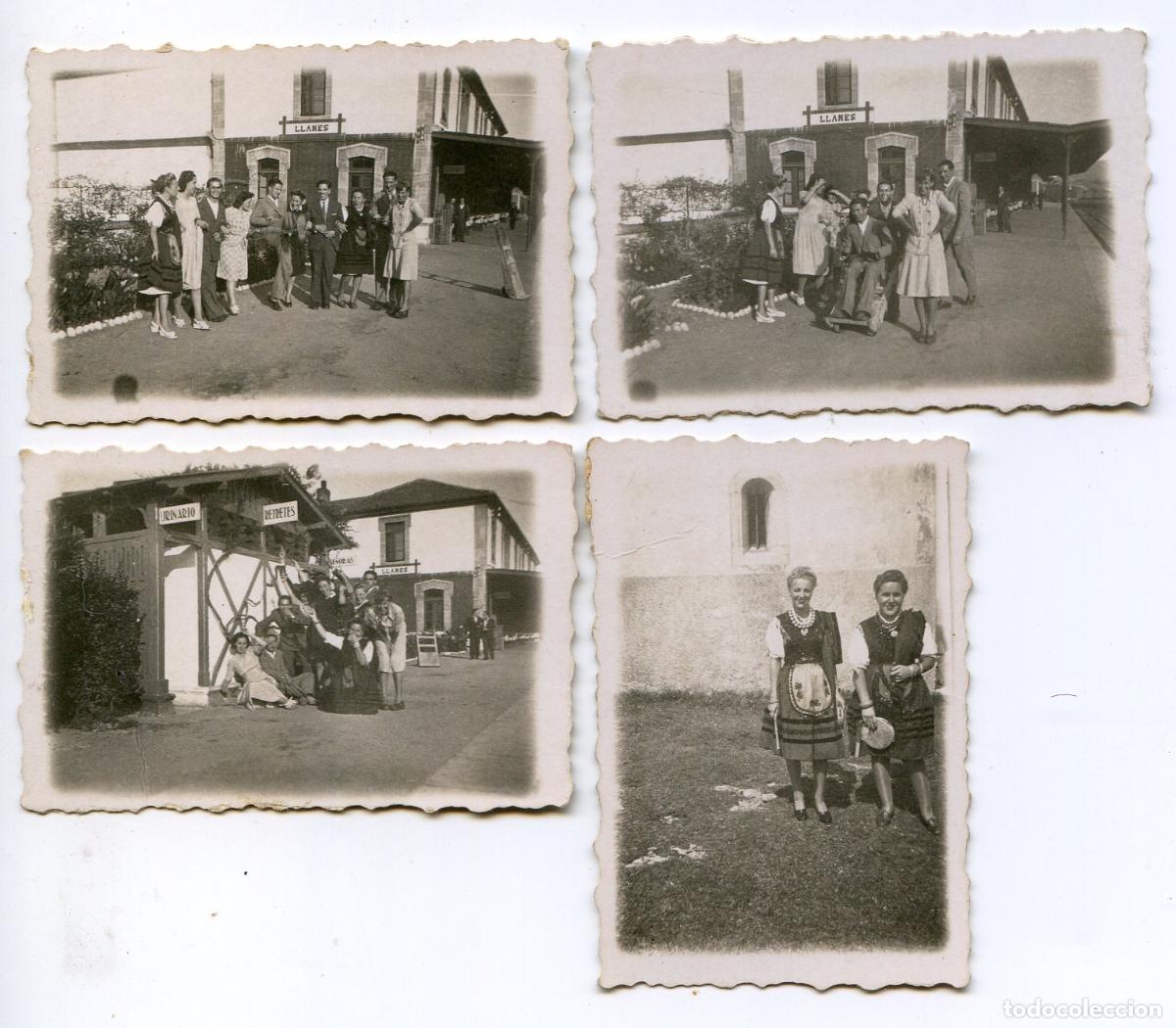 Fotograf&iacute;a antigua: Llanes, Asturias, siete fotos de grupo en la estaci&oacute;n de ferrocarril y dentro del tren 1942