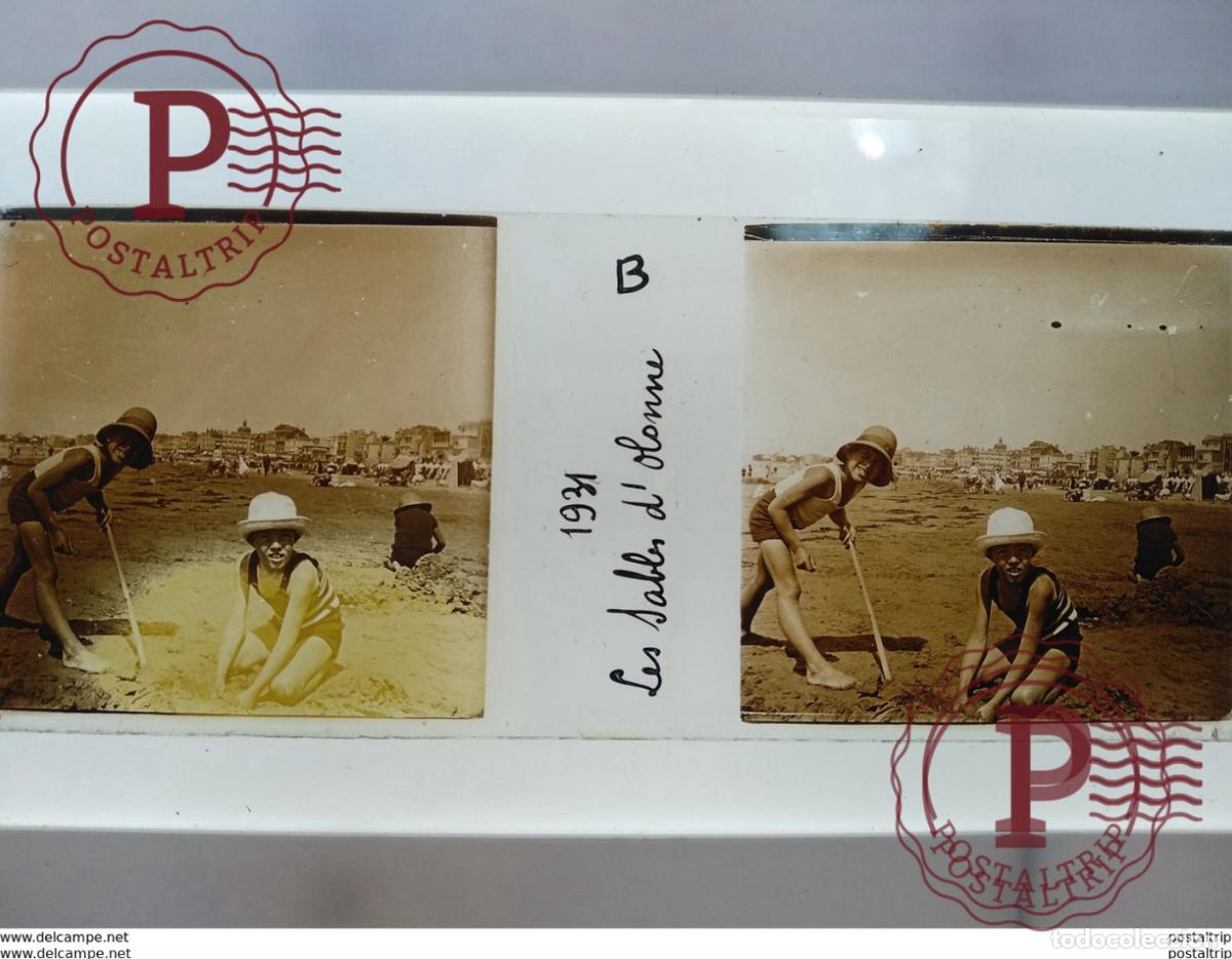 Fotograf&iacute;a antigua: 1931 les sables dOlonne St&eacute;r&eacute;o sur verre plaque de Verre