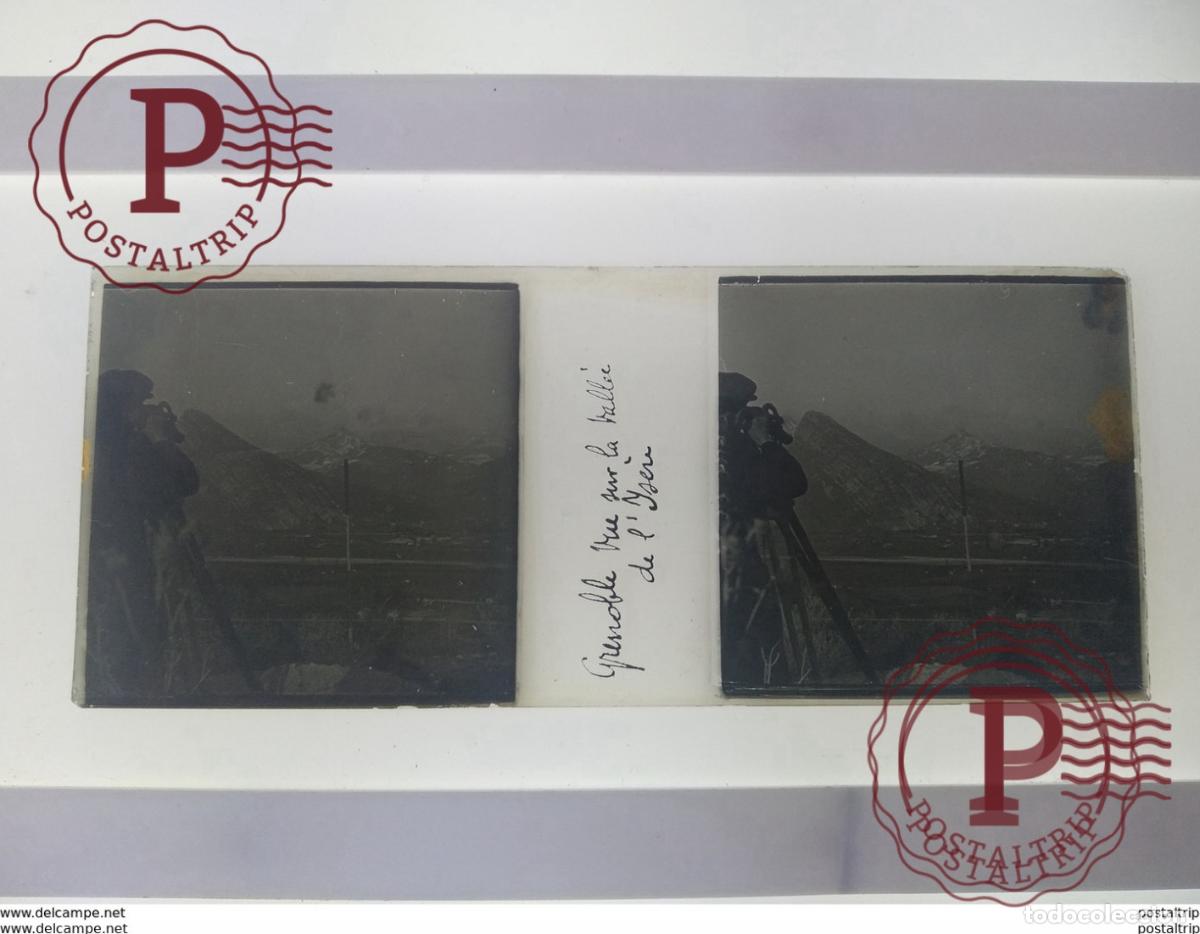 Antique Photography: Grenoble vue sur la valle de lJaen La place Grenette St&eacute;r&eacute;o sur verre plaque de Verre Fran&ccedil;e