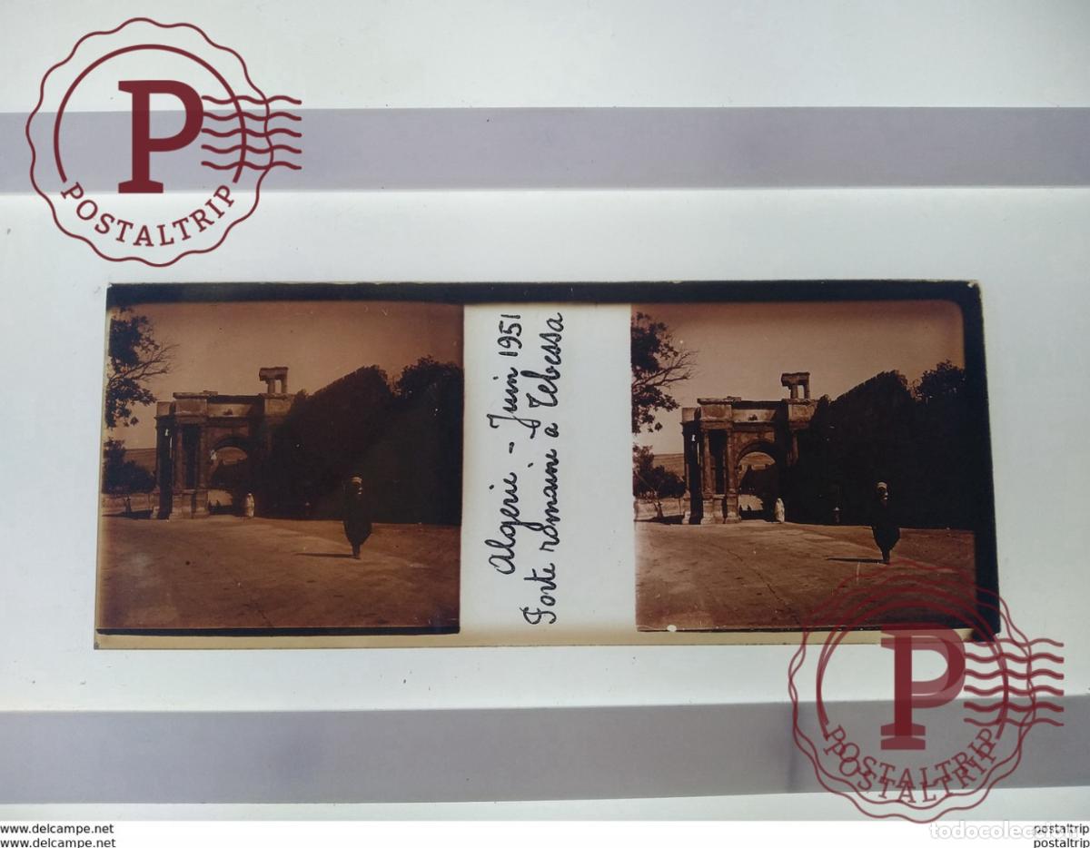 Fotograf&iacute;a antigua: Alg&eacute;rie Juin 1951 Porte romaine a Tebesa St&eacute;r&eacute;o sur verre plaque de Alger Alg&eacute;rie