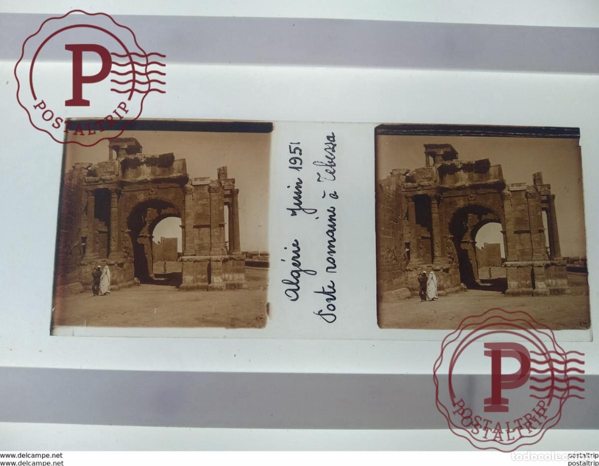 Fotograf&iacute;a antigua: Alg&eacute;rie Juin 1951 Porte romaine a Tebesa St&eacute;r&eacute;o sur verre plaque de Alger Alg&eacute;rie