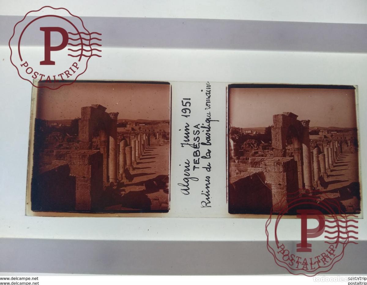 Fotograf&iacute;a antigua: Alg&eacute;rie Juin 1951 Tebessa Ruines de la basilique romaine St&eacute;r&eacute;o sur verre plaque de Alger Alg&eacute;rie