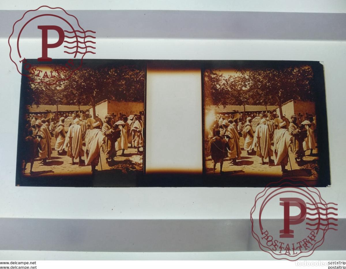 Fotograf&iacute;a antigua: St&eacute;r&eacute;o sur verre plaque de Alger Alg&eacute;rie personnes