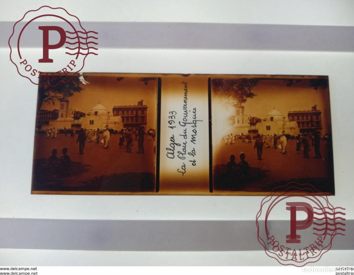 Fotograf&iacute;a antigua: Alger 1933 La Place du Gouvernement et la mosquee St&eacute;r&eacute;o sur verre plaque de Alger Alg&eacute;rie maison