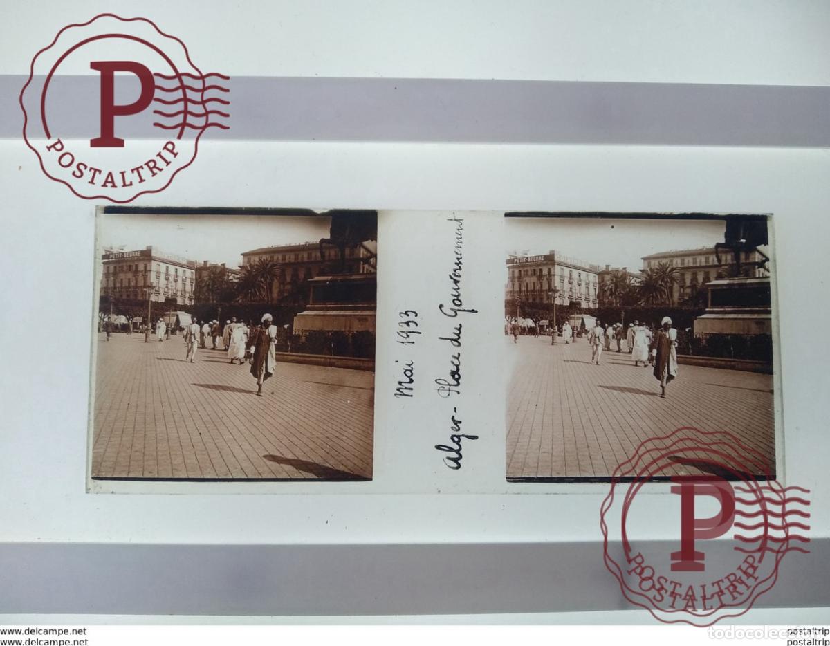 Fotograf&iacute;a antigua: Mai 1933 Alger Place du Gouvernement St&eacute;r&eacute;o sur verre plaque de Alger Alg&eacute;rie maison