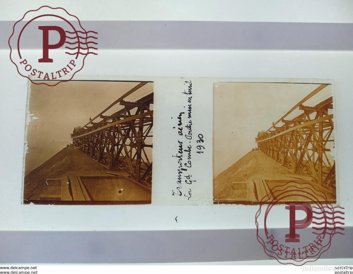 Fotograf&iacute;a antigua: Transporteur a&iacute;nien La Gd Combe Porte mise en terrile 1930 St&eacute;r&eacute;o sur verre plaque de Verre Fran&ccedil;e c