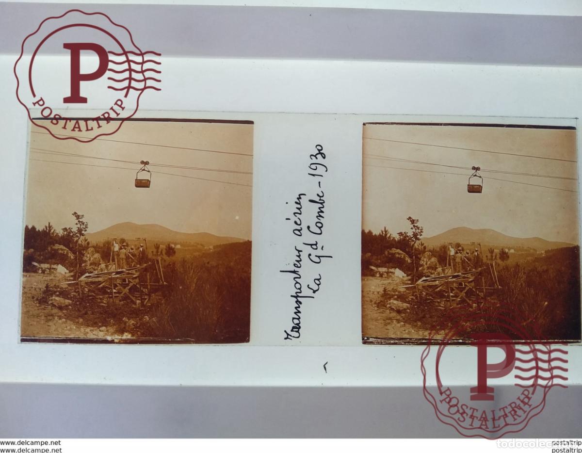 Fotograf&iacute;a antigua: Transporteur a&iacute;nien La Gd Combe 1930 St&eacute;r&eacute;o sur verre plaque de Verre Fran&ccedil;e t&eacute;l&eacute;si&egrave;ge