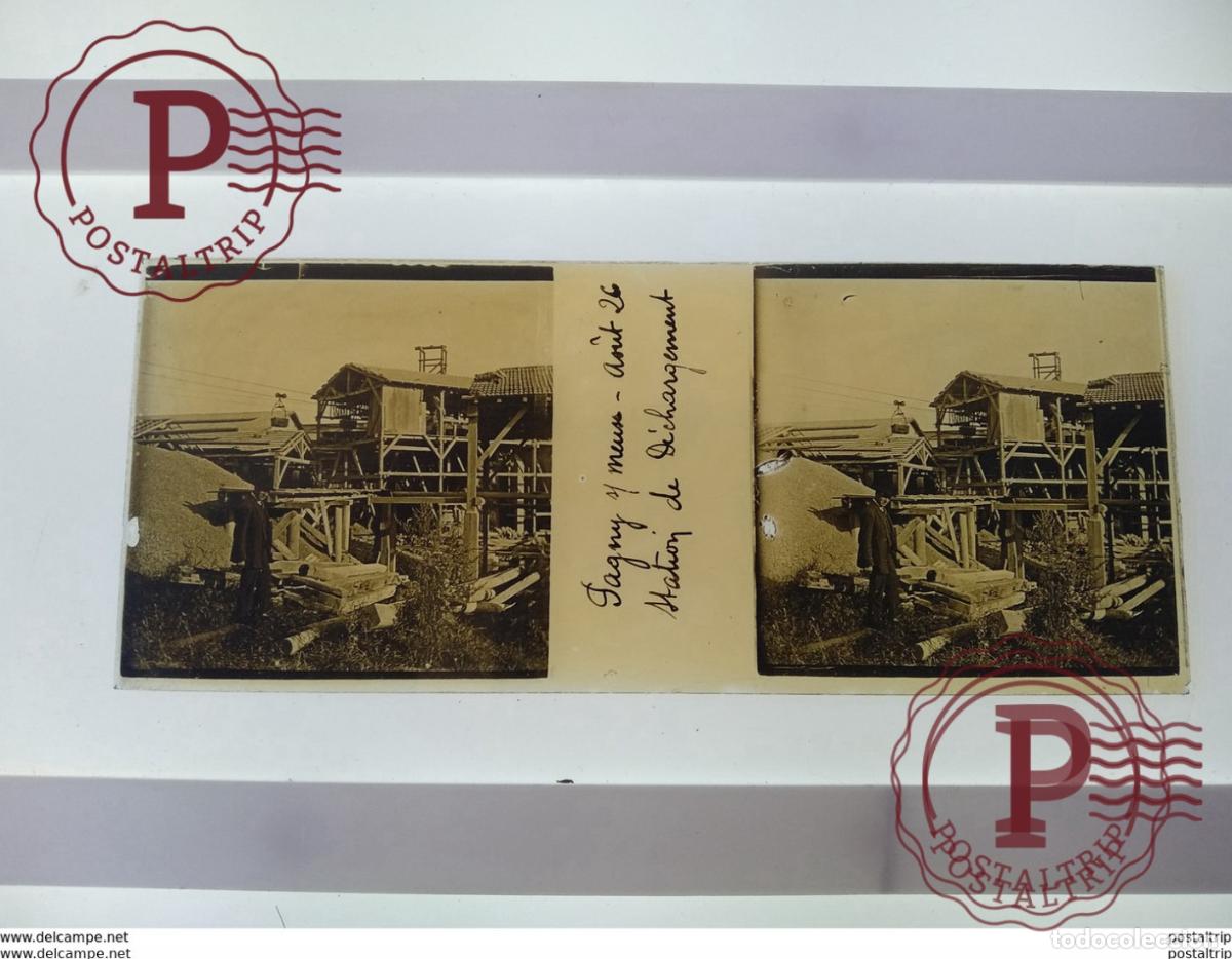 Antique Photography: gagny st meuse aouit station de dichargement St&eacute;r&eacute;o sur verre plaque de Verre Fran&ccedil;e