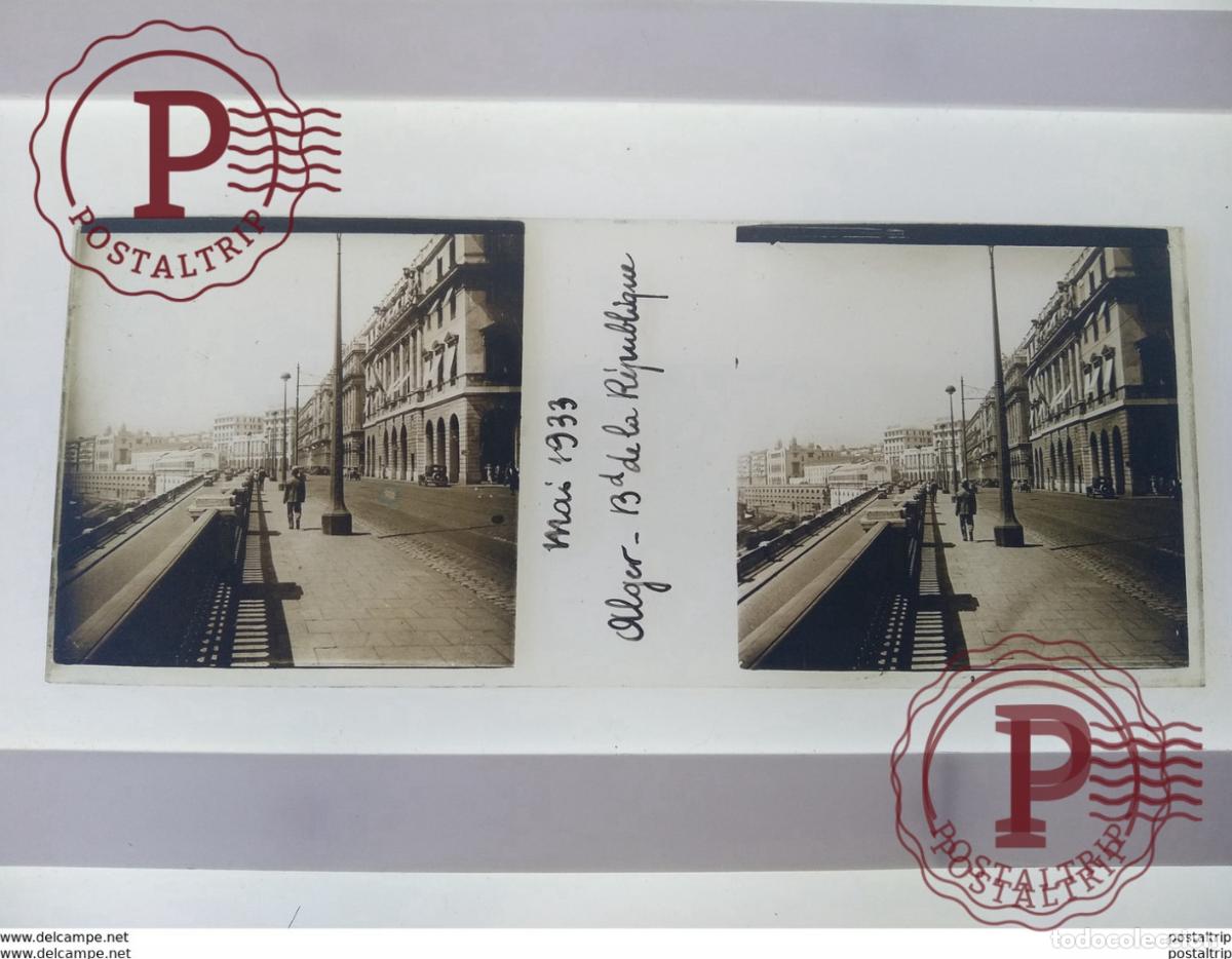 Antique Photography: mai 1933 Alger Bd de la R&eacute;publique St&eacute;r&eacute;o sur verre plaque de Verre Alger Navire
