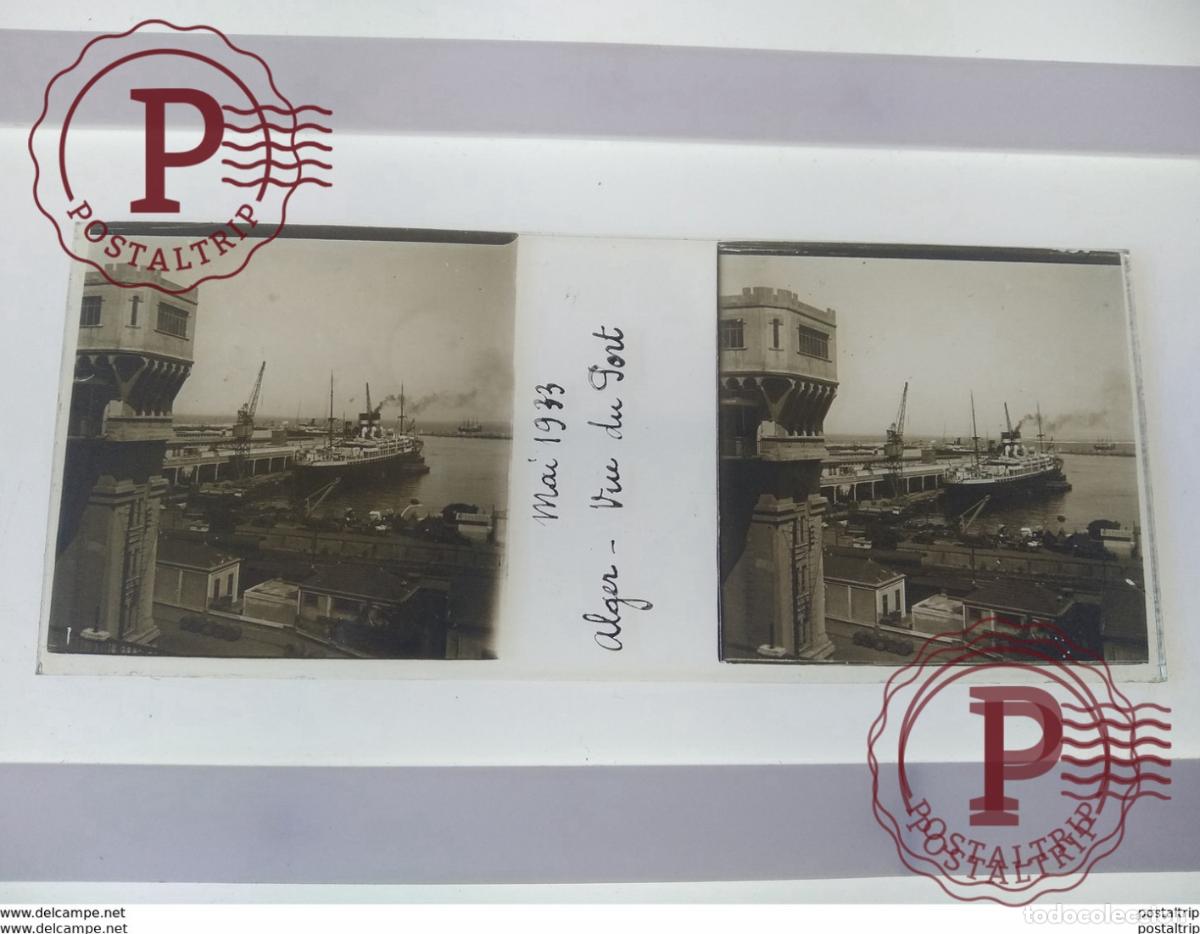 Antique Photography: Mai 1933 Alger Vue du port St&eacute;r&eacute;o sur verre plaque de Verre Alger Navire