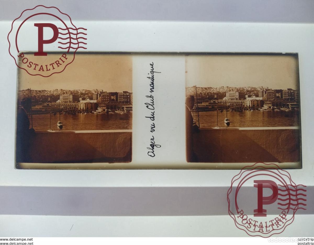 Antique Photography: Alger vue du club nautique St&eacute;r&eacute;o sur verre plaque de Verre Alger Navire