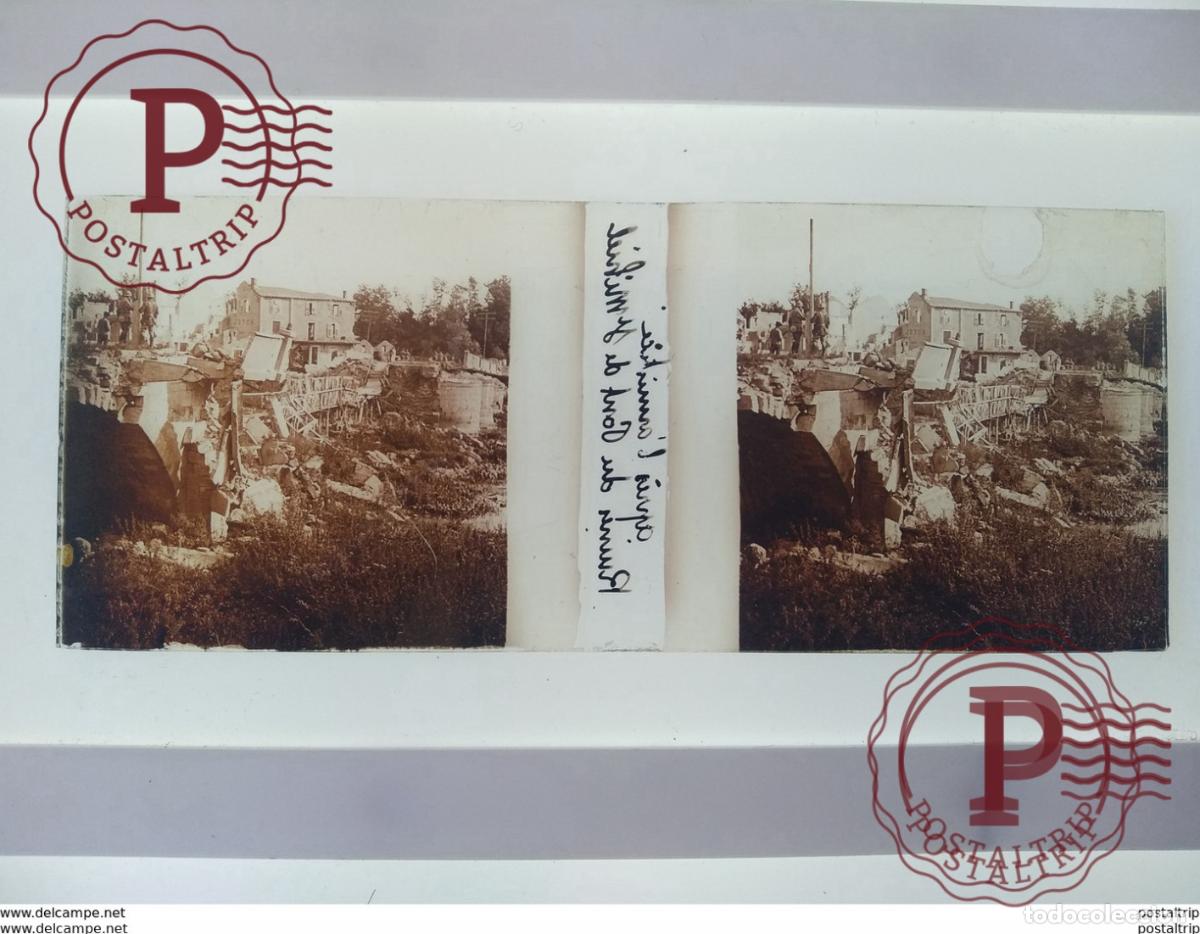 Antique Photography: Apr&egrave;s larmistice Ruines du pont de st Mihiel St&eacute;r&eacute;o sur verre plaque de Verre Fran&ccedil;e Guerre Militai
