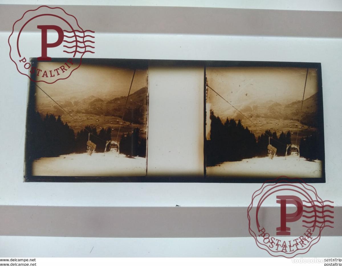 Antique Photography: T&eacute;l&eacute;ph&eacute;rique St&eacute;r&eacute;o sur verre plaque de Verre Fran&ccedil;e transport neige montagnes